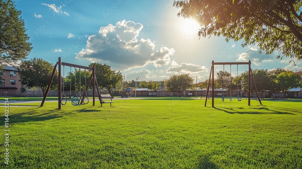 A schoolyard with swings, slides, and a neatly maintained green field under a sunny sky.