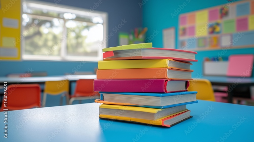 A stack of colorful books with bookmarks peeking out, placed on a bright classroom desk. A stack of colorful books with bookmarks peeking out, placed on a bright classroom desk.