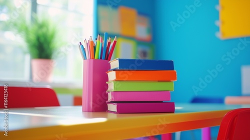 Wallpaper Mural A stack of colorful books with bookmarks peeking out, placed on a bright classroom desk. Torontodigital.ca