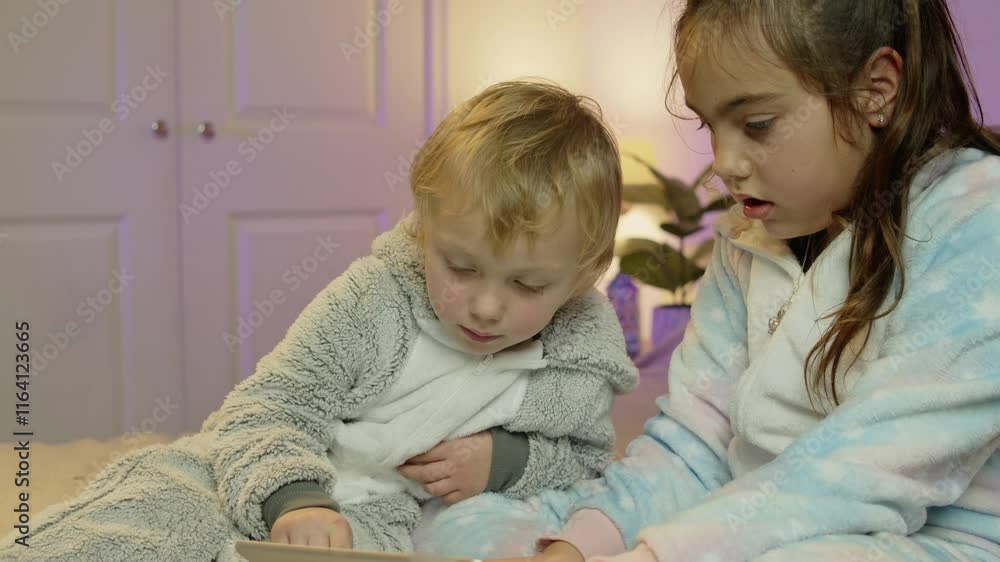 Kids Sit On The Bed, Using A Tablet To Watch Educational Videos, Cartoons, And Explore Ebooks. Their Bedroom Provides A Comfortable Environment For Both Learning And Fun Gaming Experiences. Kids Sit On The Bed, Using A Tablet To Watch Educational Videos, Cartoons, And Explore Ebooks. Their Bedroom Provides A Comfortable Environment For Both Learning And Fun Gaming Experiences.