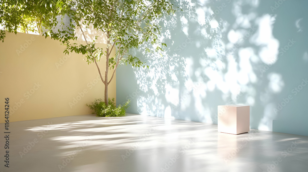 Obraz premium Minimal empty room, tree, sunlight, shadows, podium, pastel colors.