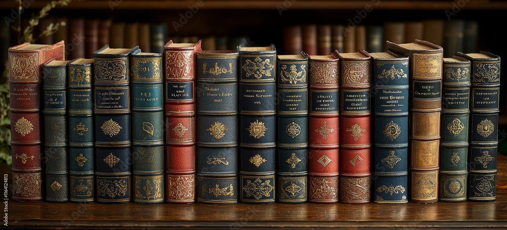 Naklejka premium Antique bookshelves brimming with old literature line the walls of a historic library, creating a warm atmosphere for reading and learning