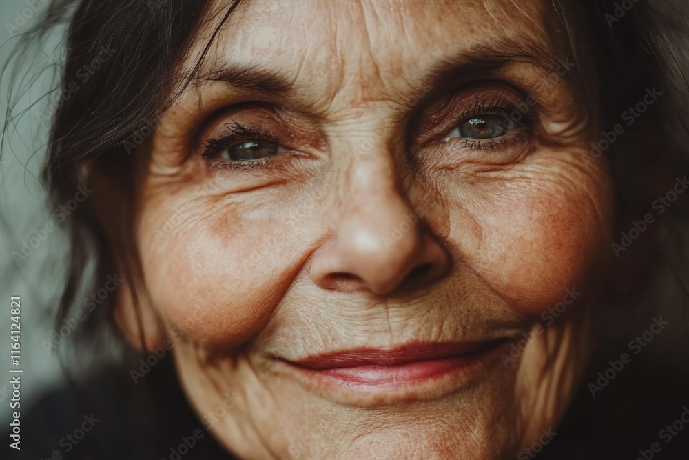 Close-up portrait of a smiling senior woman showing wrinkles and age spots. Close-up portrait of a smiling senior woman showing wrinkles and age spots.