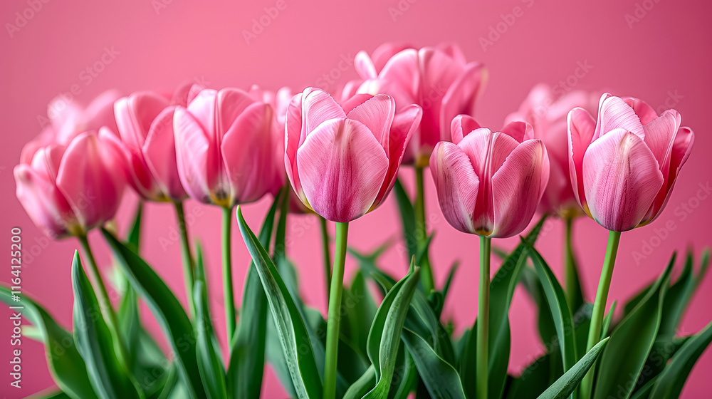 Row of pink tulips are arranged in a row on a pink background. Row of pink tulips are arranged in a row on a pink background.