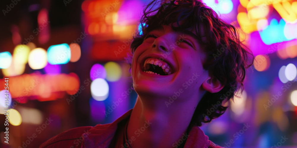 A young man with curly hair smiles broadly under colorful neon lights in a bustling urban environment during the evening. The joyful atmosphere suggests a night out with friends. A young man with curly hair smiles broadly under colorful neon lights in a bustling urban environment during the evening. The joyful atmosphere suggests a night out with friends.