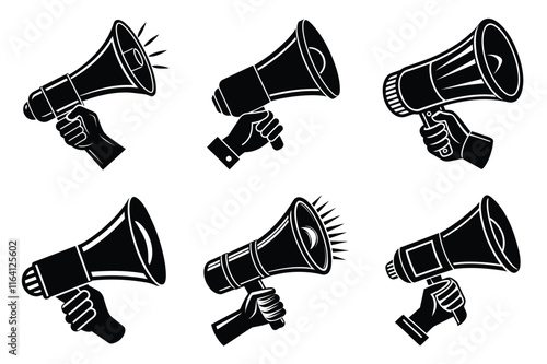 Hand Holding megaphone silhouette icon, Announcing hand mike illustration on white background	
