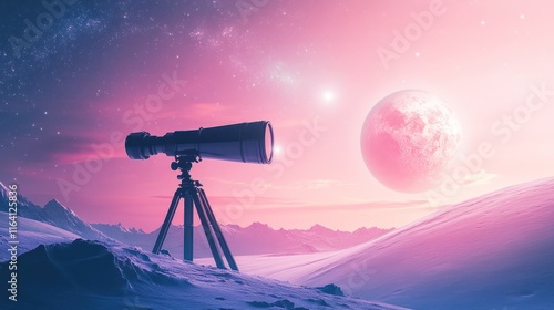 Telescope on snowy mountain peak, viewing a large pink moon and starry sky.