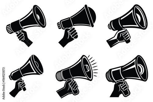 Hand Holding megaphone silhouette icon, Announcing hand mike illustration on white background	