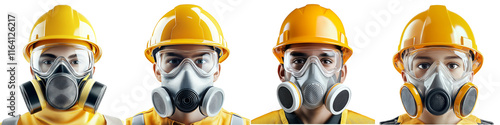 Four men wearing yellow hard hats and gas masks photo