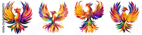 Four colorful birds with long, colorful feathers