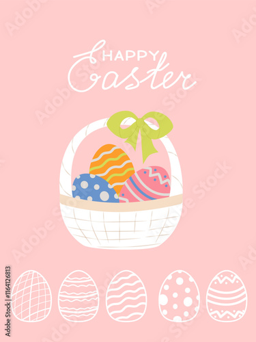 Happy Easter. Card, poster, invitation with basket and easter eggs. Modern design style.