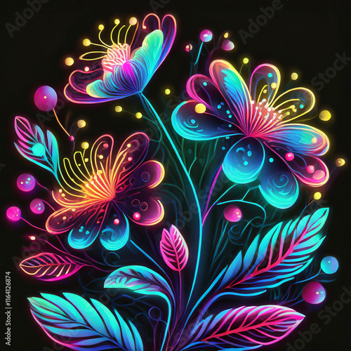 Flowers with neon glow in front of a black background