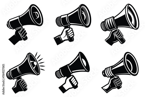 Hand Holding megaphone silhouette icon, Announcing hand mike illustration on white background	
