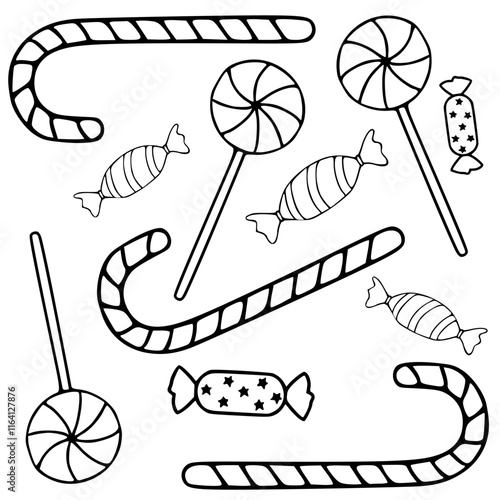 a black and white drawing of a set of different candy