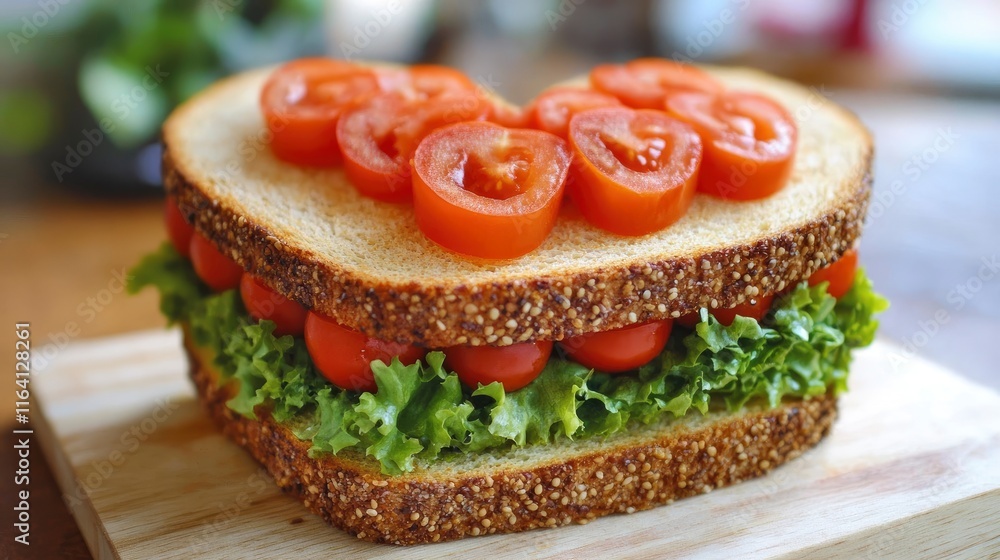 Heart-shaped sandwich with cherry slices made from tomatoes, basil leaves, and cream cheese spread served on a plate. Valentine's Day breakfast. Valentine's Day decoration. Top view, copy space. Heart-shaped sandwich with cherry slices made from tomatoes, basil leaves, and cream cheese spread served on a plate. Valentine's Day breakfast. Valentine's Day decoration. Top view, copy space.