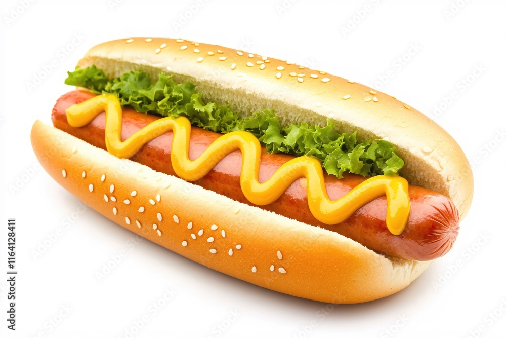 Classic Hot Dog with Lettuce and Mustard in a Soft Sesame Seed Bun