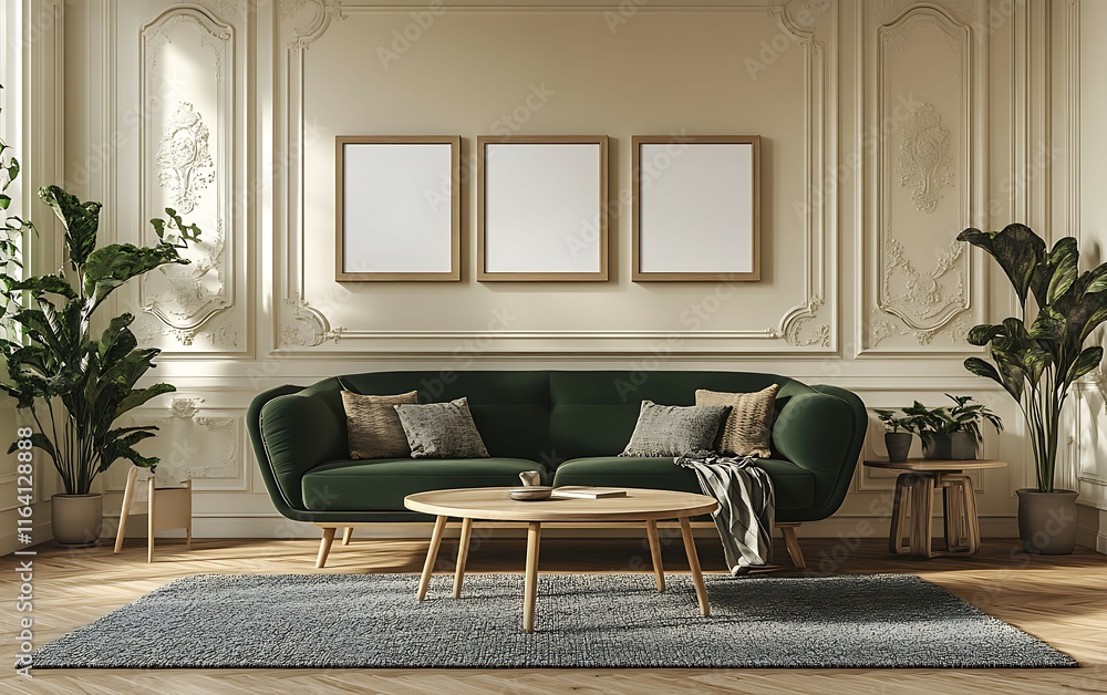 Fototapeta premium Elegant living room interior with green velvet sofa, wooden coffee table, plants, and three blank frames on a wall.