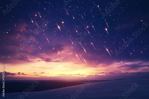 Dramatic meteor shower illuminates the twilight sky over a serene landscape photo