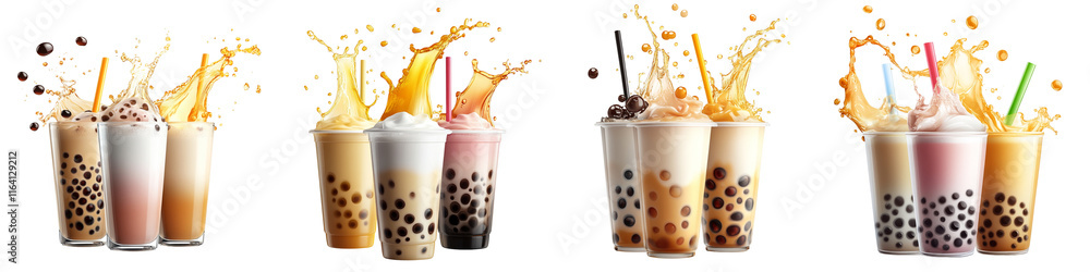 A row of drinks with straws in them