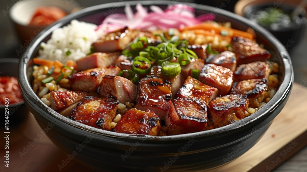 Delicious grilled pork bowl with rice, vegetables, and sauce. Delicious grilled pork bowl with rice, vegetables, and sauce.
