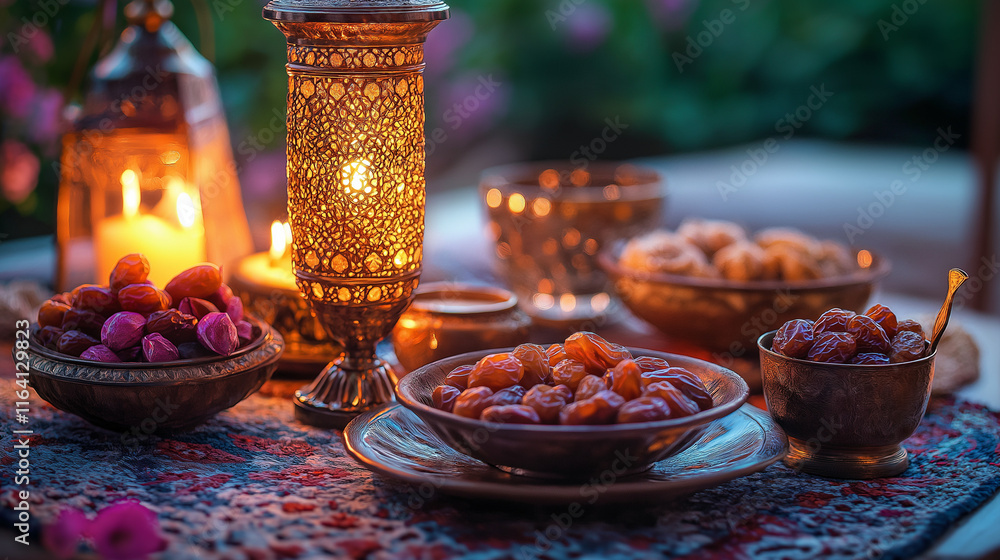 Ramadan-inspired background with an elegant iftar table setting, glowing lights, and cultural elements for festive or spiritual designs Ramadan-inspired background with an elegant iftar table setting, glowing lights, and cultural elements for festive or spiritual designs