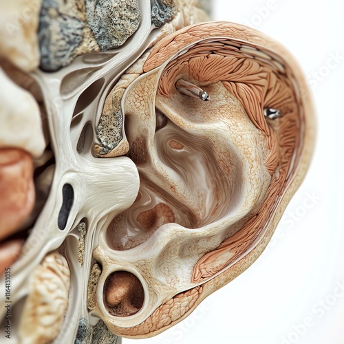 Detailed anatomical model of the human ear, showcasing inner structures. photo