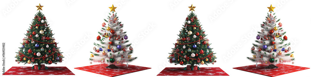 Four Christmas trees are shown in a row, each with a star on top Four Christmas trees are shown in a row, each with a star on top