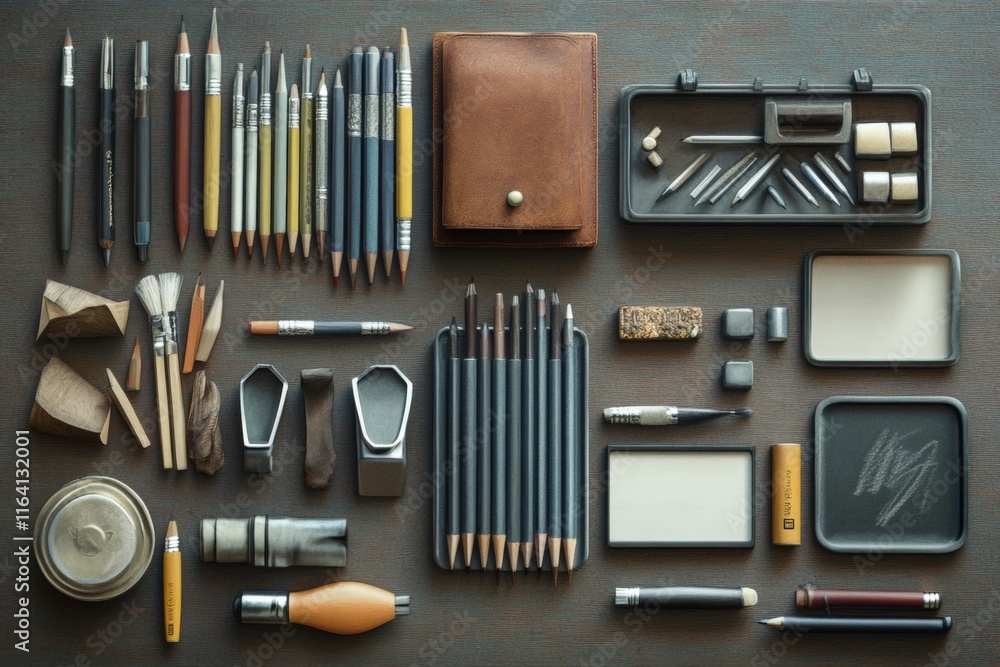 A flat lay of art supplies, including ink pens, erasers, and rulers. A flat lay of art supplies, including ink pens, erasers, and rulers.