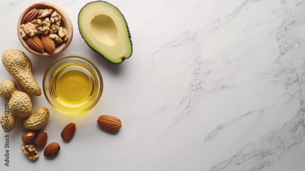 Healthy Fats Selection with Avocado, Nuts, and Olive Oil on Marble Healthy Fats Selection with Avocado, Nuts, and Olive Oil on Marble
