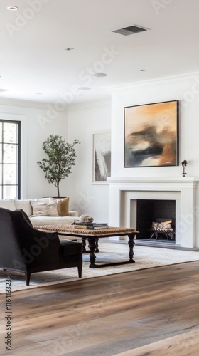 Modern Living Room Interior with Fireplace and Abstract Art