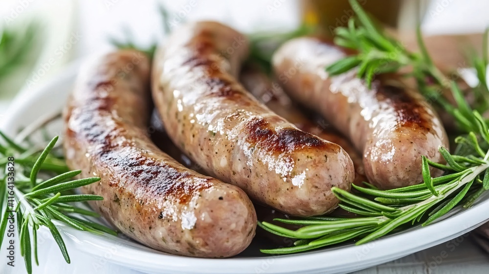 Grilled Sausages on a Plate Garnished with Fresh Herbs and a Beverage in Background Grilled Sausages on a Plate Garnished with Fresh Herbs and a Beverage in Background