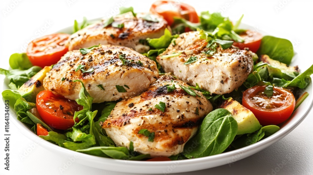 Grilled Chicken Salad with Fresh Greens and Cherry Tomatoes on a White Plate Grilled Chicken Salad with Fresh Greens and Cherry Tomatoes on a White Plate