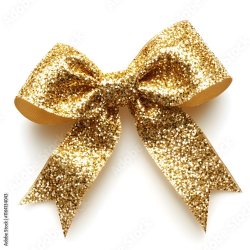 A shiny gold glitter bow, ideal for decorating gifts and festive occasions. photo