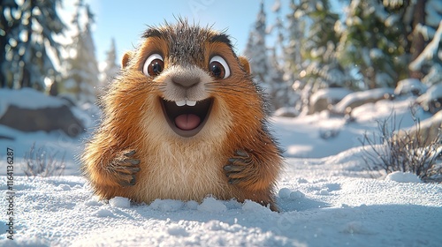 A woodchuck, sitting on a snow-covered rock in the forest, looks upward as snow continues to fall photo