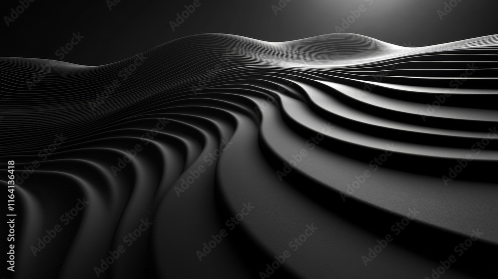 Fototapeta premium Abstract dark grayscale 3D rendering of flowing layered waves.
