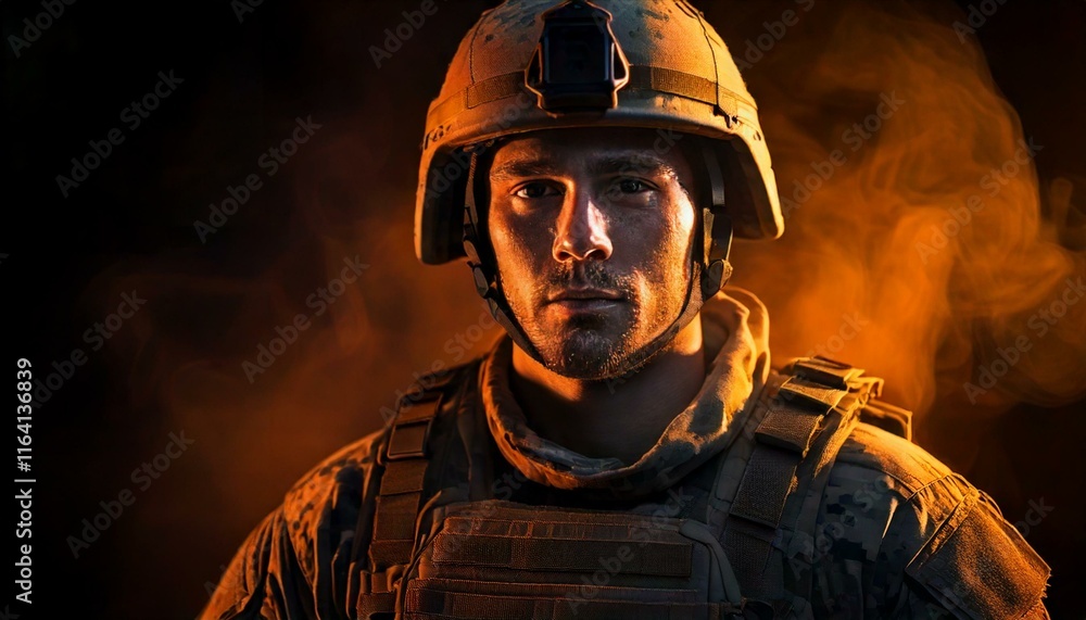 portrait of a soldier with orange lighting
