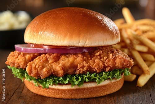 Wallpaper Mural Crispy Chicken Sandwich with Lettuce and Onion Served with Golden French Fries Torontodigital.ca