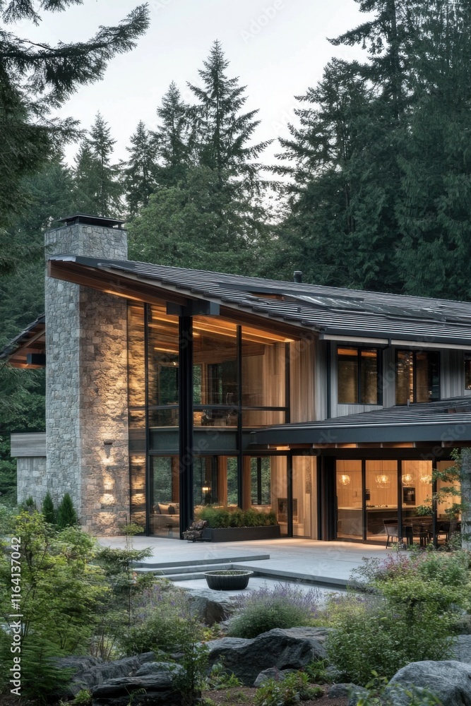 Modern architecture blends with nature in a serene forest setting during twilight hours Modern architecture blends with nature in a serene forest setting during twilight hours