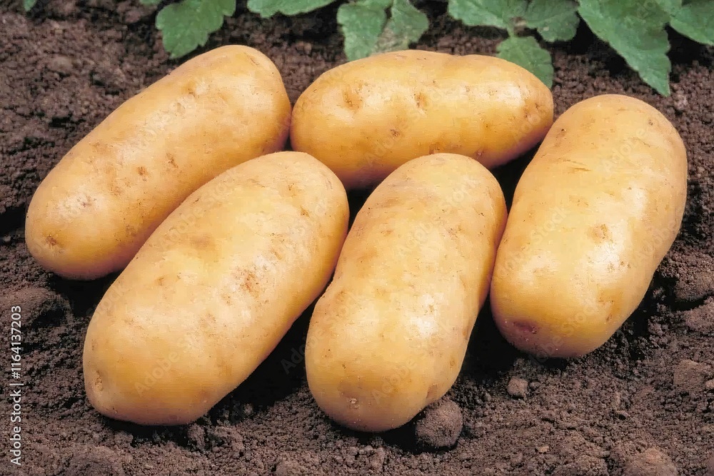 Freshly Harvested Yellow Potatoes on Soil with Green Leaves in Background Freshly Harvested Yellow Potatoes on Soil with Green Leaves in Background