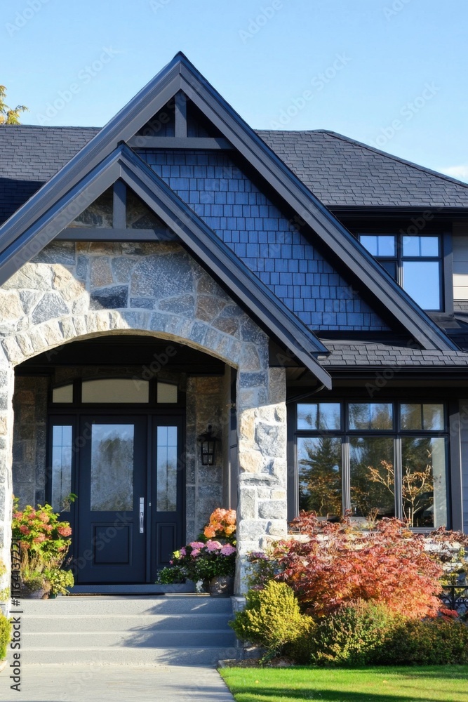 Beautiful stone house with a well-maintained garden during a sunny day Beautiful stone house with a well-maintained garden during a sunny day