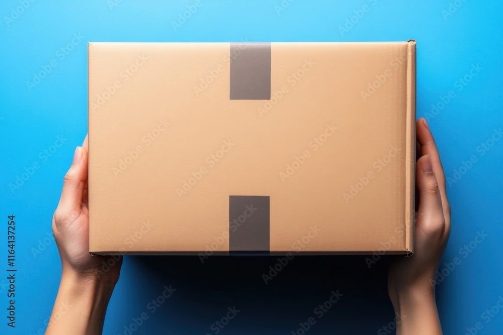 Fototapeta premium Expressive photo featuring hands and parcels on a blue surface.