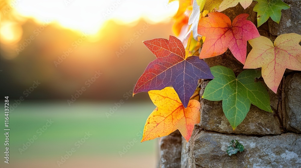Obraz premium Historic Villages and Scenic Trails in the English Countryside, a macro photography close-up of colorful ivy leaves climbing a stone wall, illuminated softly by warm sunlight