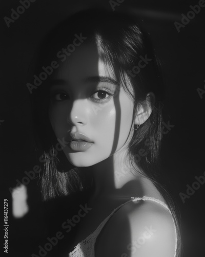 Mysterious Black and White Portrait of a Young Woman