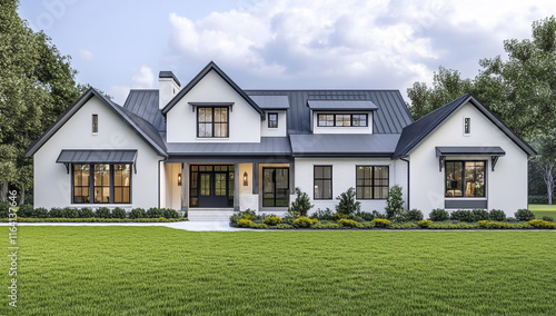 Fototapeta Naklejka Na Ścianę i Meble -  Close-up of a small cluster of modern farmhouse-style houses with gable roofs, nestled on a peaceful one-story street, showcasing rustic charm and contemporary design.