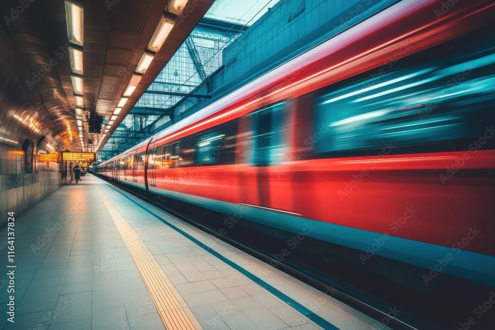 Fototapeta premium Vibrant red train in motion at the train station.