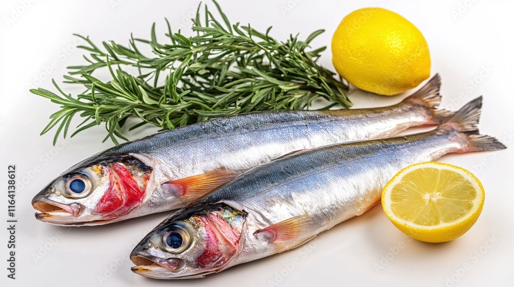Fresh Fish with Lemon and Rosemary on White Background for Culinary Presentation Fresh Fish with Lemon and Rosemary on White Background for Culinary Presentation