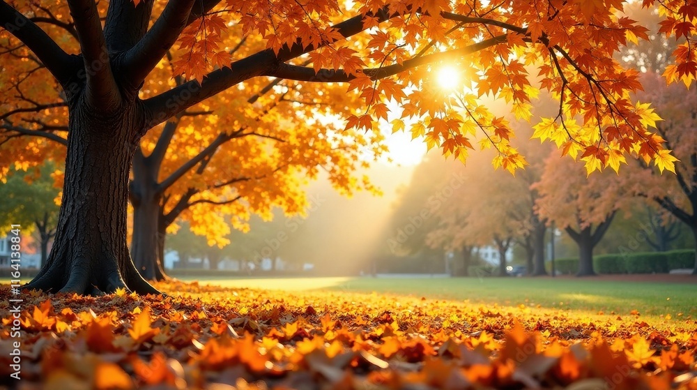 Golden autumn leaves blanket the ground beneath a majestic tree, bathed in the warm glow of a setting sun, creating a serene and picturesque autumnal landscape. Golden autumn leaves blanket the ground beneath a majestic tree, bathed in the warm glow of a setting sun, creating a serene and picturesque autumnal landscape.