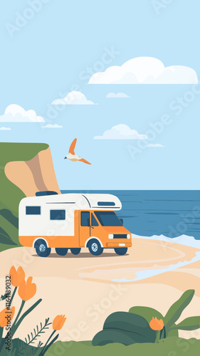 Retro RV Coastline Adventure in Nazare Portugal Vector Illustration for Van Life Enthusiasts