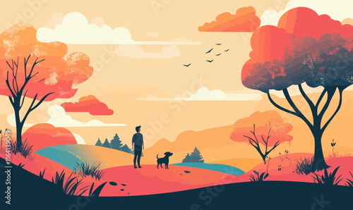 Man with Dog in Fantasy Landscape with Vibrant Trees and Clouds Minimalist Vector Art