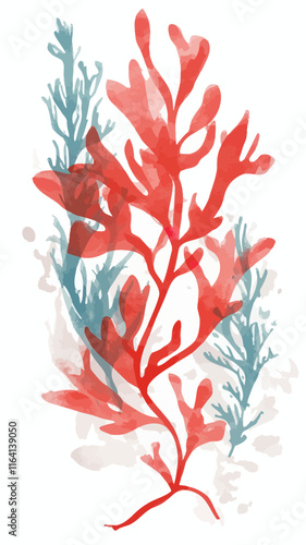 Minimalist Red Seaweed Watercolor Vector Illustration in Flat SVG Style